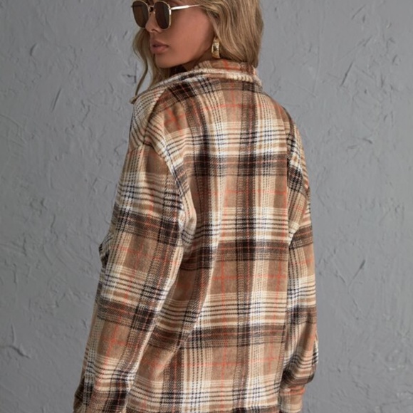 Camel Brown Plaid Oversized Button up Jacket Shacket - Picture 3 of 4